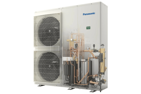 vue en éclaté d’une pompe à chaleur air eau Panasonic Aquarea Monobloc