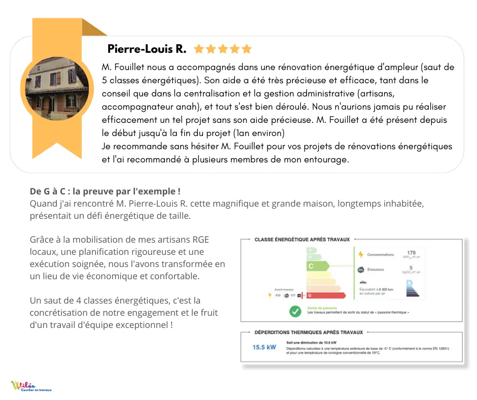 Audit énergétique avant après classe G à C, gain 4 classes, rénovation globale maison Toulouse.