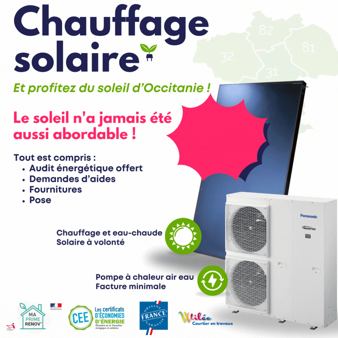 Installation de chauffage solaire combiné (panneaux solaires et pompe à chaleur air-eau) promouvant le chauffage solaire abordable à partir de 14€/mois, avec les logos MaPrimeRénov', CEE, et QualiFrance pour les aides et certifications.