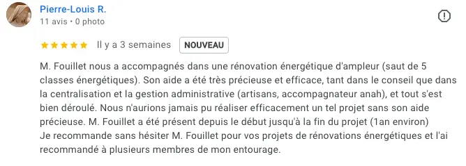 avis client satisfait de la réalisation de son projet de rénovation globale à Toulouse comprenant : PAC air eau, chauffe-eau thermodynamique, isolation des combles en ouatte de cellulose, menuiseries mixte alu/bois et de sa magnifique porte d'entrée