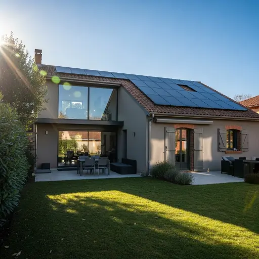 Maison moderne à Toulouse avec panneaux solaires sur le toit sous un ciel ensoleillé, symbolisant l'optimisation de l'autoconsommation photovoltaïque.