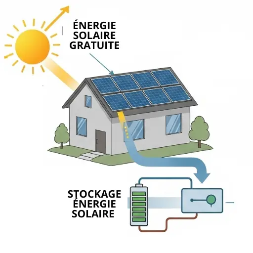 Infographie claire montrant le flux d'énergie solaire : production des panneaux, consommation directe, stockage en batterie et échange avec le réseau électrique