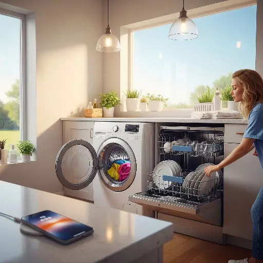 Intérieur de maison moderne et lumineux avec des appareils électroménagers en fonctionnement (machine à laver, lave-vaisselle) et un téléphone en charge, illustrant l'utilisation efficace de l'énergie solaire en journée.