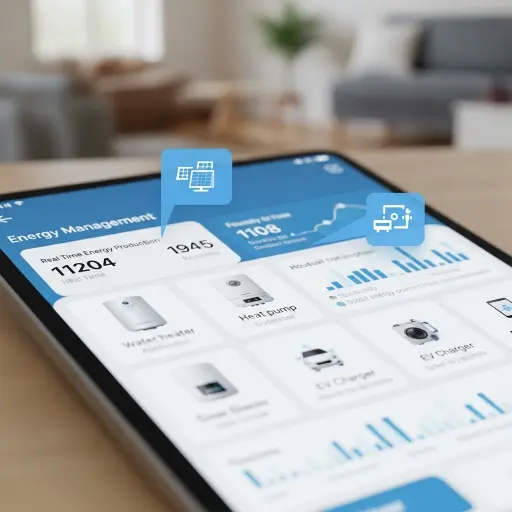 Intérieur de maison moderne avec une tablette affichant une application de gestion d'énergie solaire, des prises connectées et un thermostat intelligent, symbolisant la domotique pour l'optimisation de l'autoconsommation.