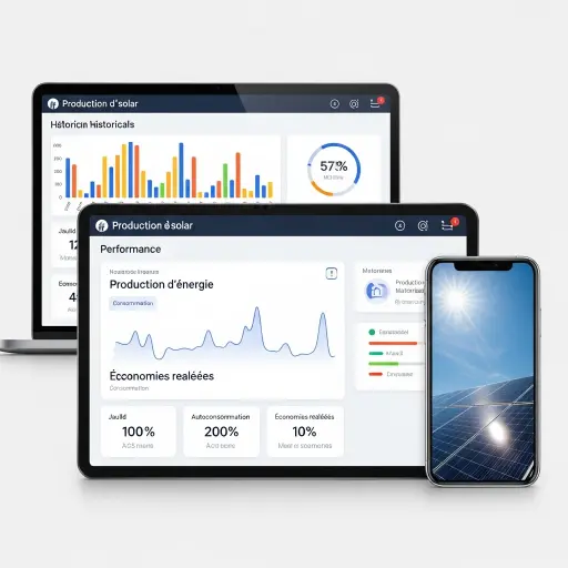 Trois écrans numériques (tablette, ordinateur, smartphone) affichant un tableau de bord moderne de suivi de l'énergie solaire, avec des graphiques de production, consommation et économies, illustrant la gestion intelligente.