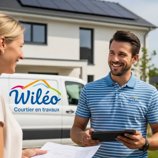 Éric, en polo, discutant avec un client devant une maison avec panneaux solaires, symbolisant l'accompagnement personnalisé et l'expertise en rénovation énergétique. Le logo Wiléo est visible.
