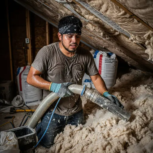 Un poseur d'isolation souffre de la chaleur en insufflant de la ouate de cellulose dans des combles perdus. Chaleur extrême et conditions de travail difficiles.