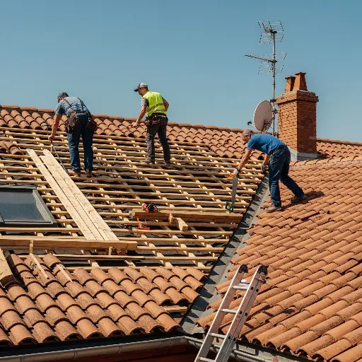 Un toit d'une maison toulousaine sous le soleil avec 2 charpentiers et 1 couvreur travaillant et souffrant de la chaleur. Rénovation de toiture en été.