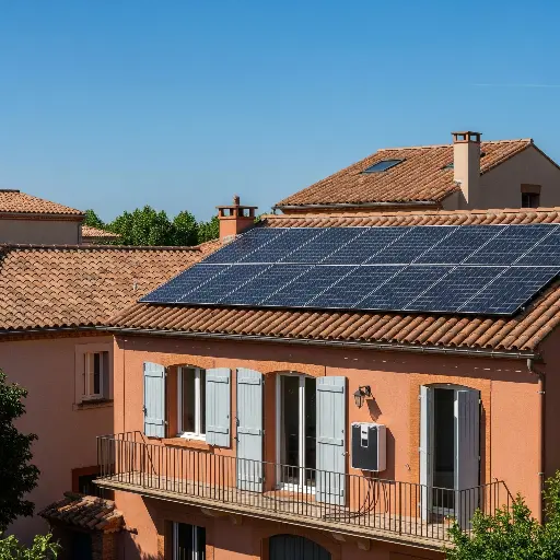Une maison toulousain en brique rose avec des panneaux solaires sur le toit ensoleillé, connectée à un système de stockage de batterie mural élégant, illustrant l'indépendance énergétique et la consommation intelligente.