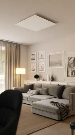 Installation Wiléo : Pompe à chaleur gainable design pour votre intérieur toulousain Pompe à chaleur gainable réversible discrète et design dans salon moderne à Toulouse